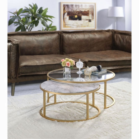 ACME Shanish 2Pc Pk Nesting Table Set, Faux Marble & Gold