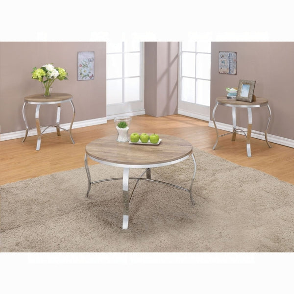 ACME Malai 3Pc Pack Coffee/End Table Set, Weathered Light Oak & Chrome