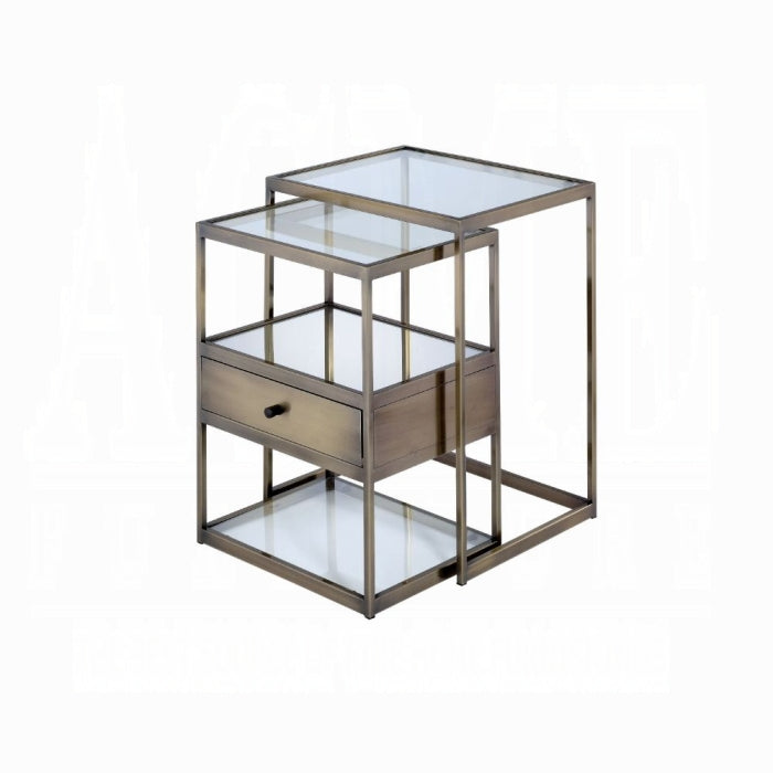 ACME Enca 2Pc Pack Nesting Tables Set, Antique Brass & Clear Glass