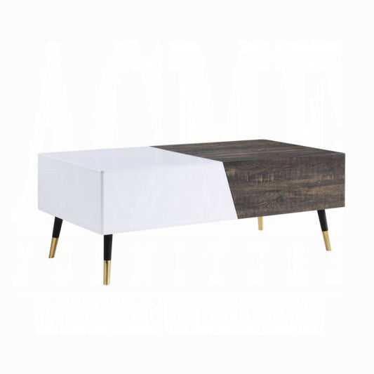 ACME Orion Coffee Table - 84680 - Mid-Century - High Gloss, Veneer (Paper), MDF, Metal - White High Gloss and Rustic Oak