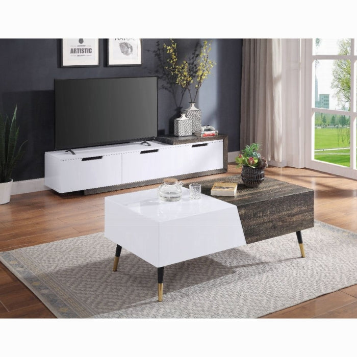 ACME Orion Coffee Table - 84680 - Mid-Century - High Gloss, Veneer (Paper), MDF, Metal - White High Gloss and Rustic Oak