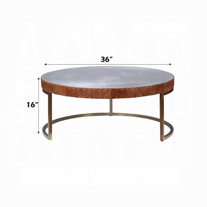 ACME Tamas Coffee Table (Large), Aluminum & Cocoa Top Grain Leather