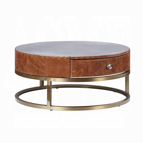 ACME Tamas Coffee Table (Small), Aluminum & Cocoa Top Grain Leather