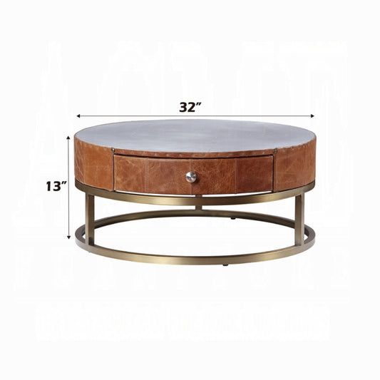 ACME Tamas Coffee Table (Small), Aluminum & Cocoa Top Grain Leather