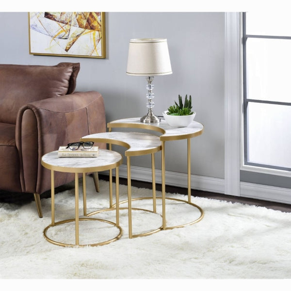 ACME Anpay 3Pc Pack Nesting Tables - 85390 - Contemporary - Metal Tube, Paper Laminate, MDF - Faux Marble and Gold