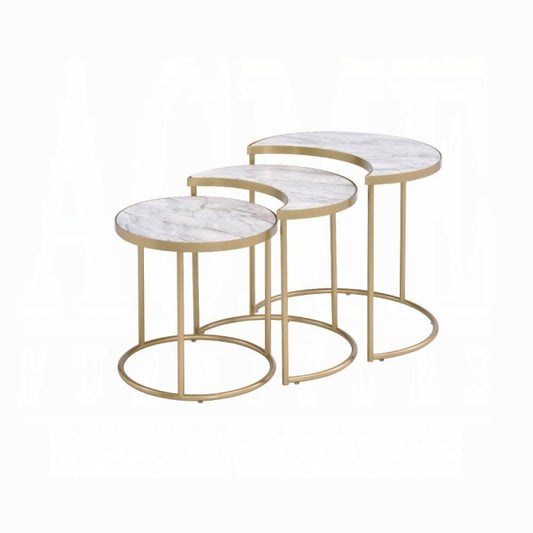 ACME Anpay 3Pc Pack Nesting Tables - 85390 - Contemporary - Metal Tube, Paper Laminate, MDF - Faux Marble and Gold