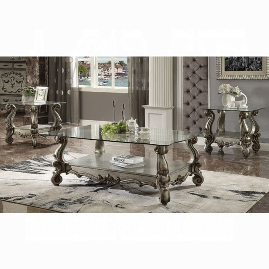 ACME Versailles Coffee Table, Antique Platinum & Clear Glass