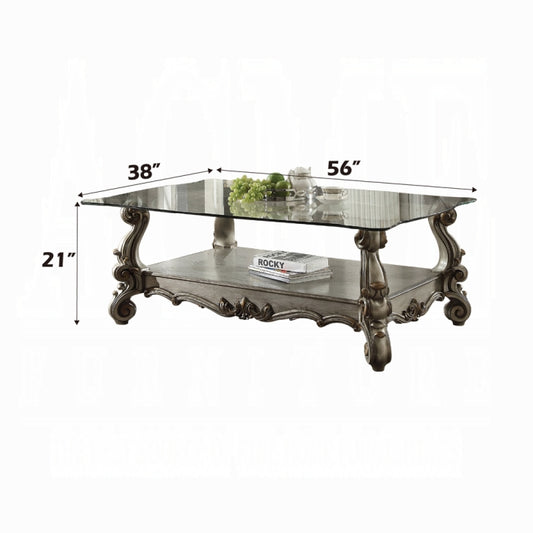 ACME Versailles Coffee Table, Antique Platinum & Clear Glass