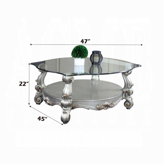 ACME Versailles Coffee Table, Antique Platinum & Clear Glass (1Set/2Ctn)