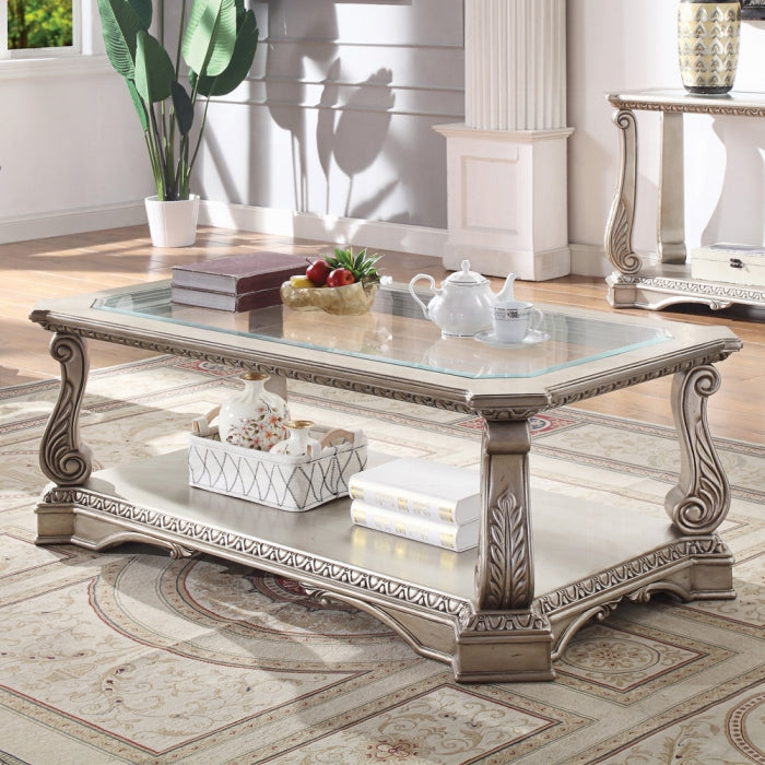 ACME Northville Coffee Table, Antique Silver & Clear Glass