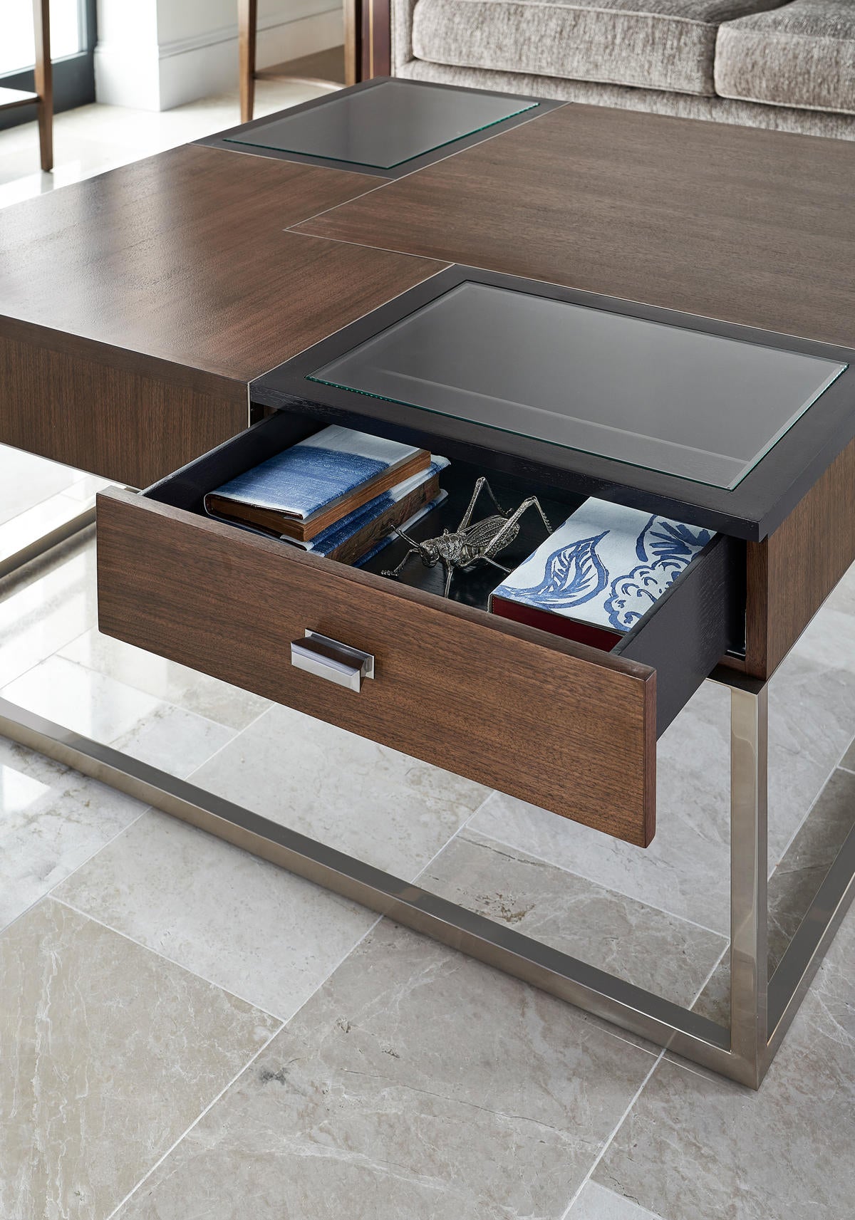 Square Autumn Walnut Coffee Table with Two Glass Top Drawers