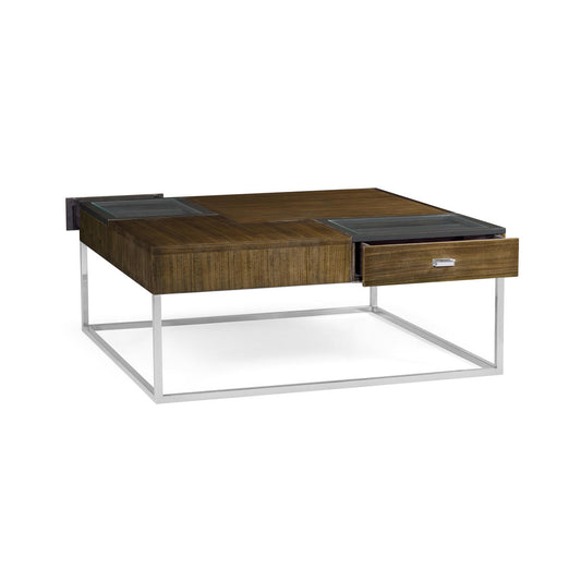 Square Autumn Walnut Coffee Table with Two Glass Top Drawers