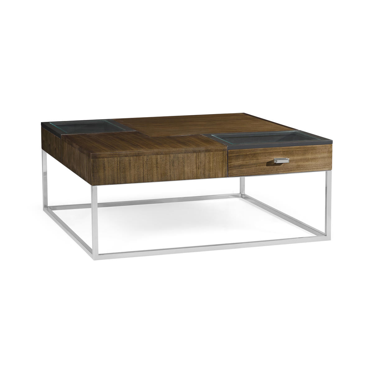 Square Autumn Walnut Coffee Table with Two Glass Top Drawers