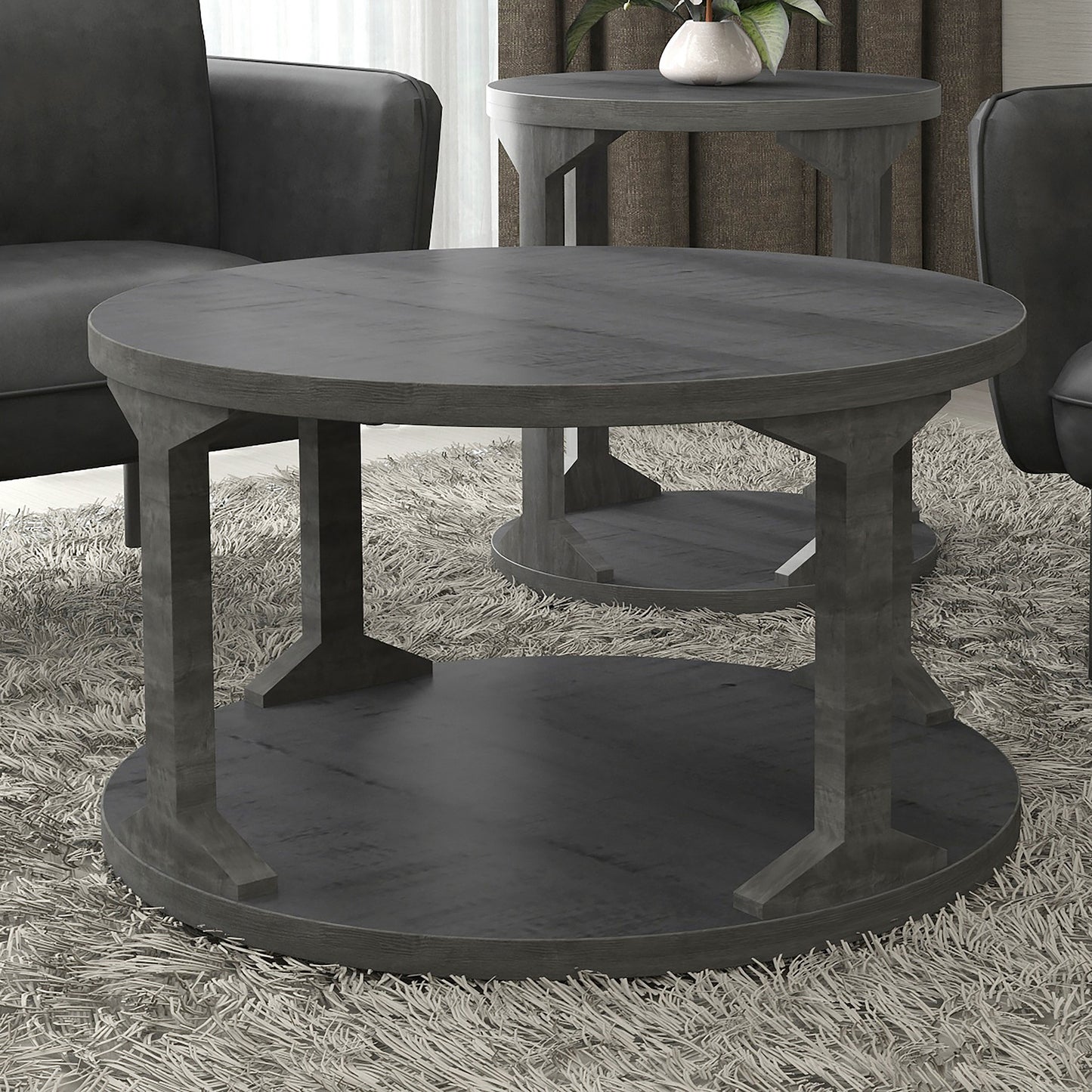 Avni Round Coffee Table in Distressed Grey/Natural