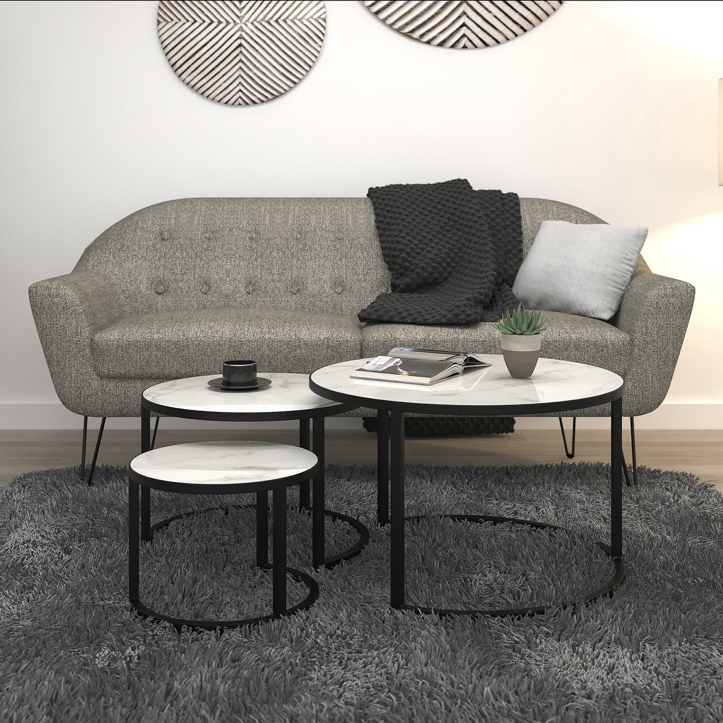 Darsh 3pc Coffee Table Set in White Marble/Grey and Black