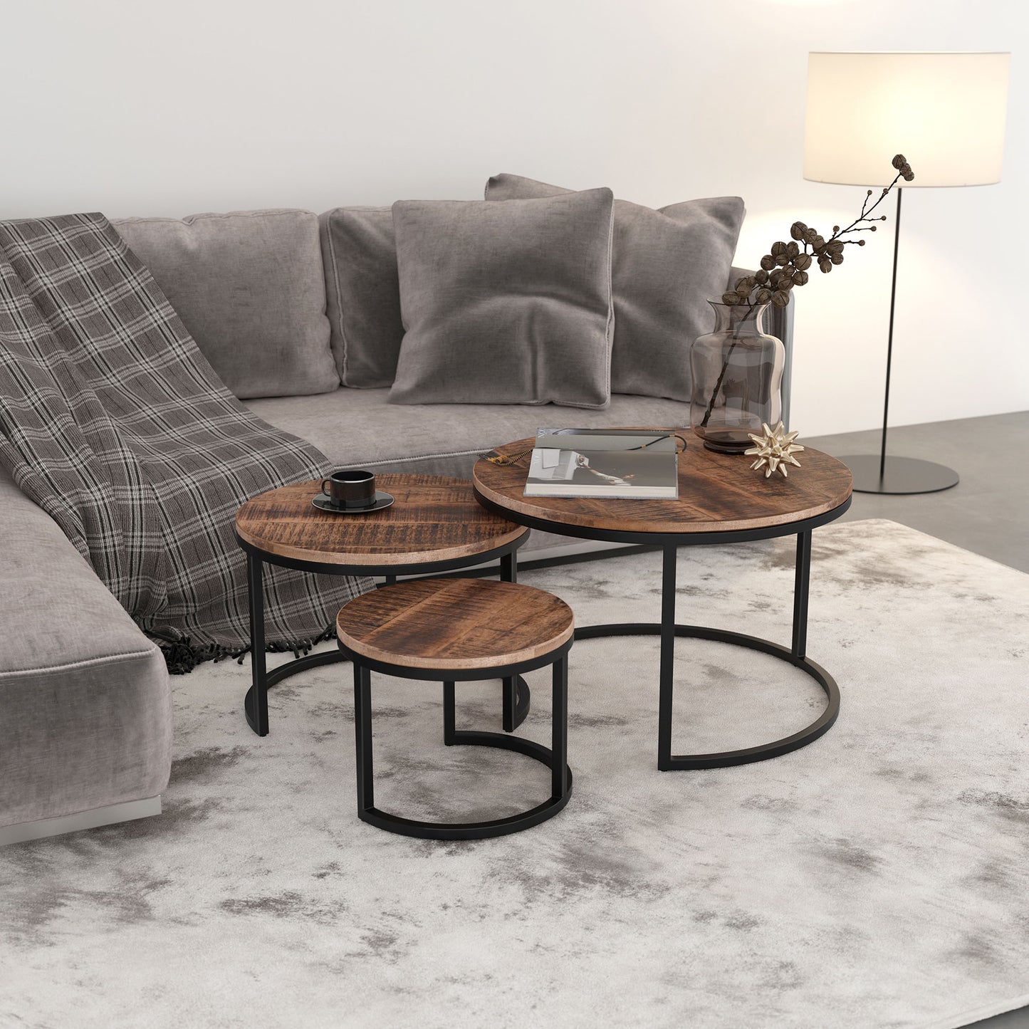 Darsh 3pc Coffee Table Set in White Marble/Grey and Black